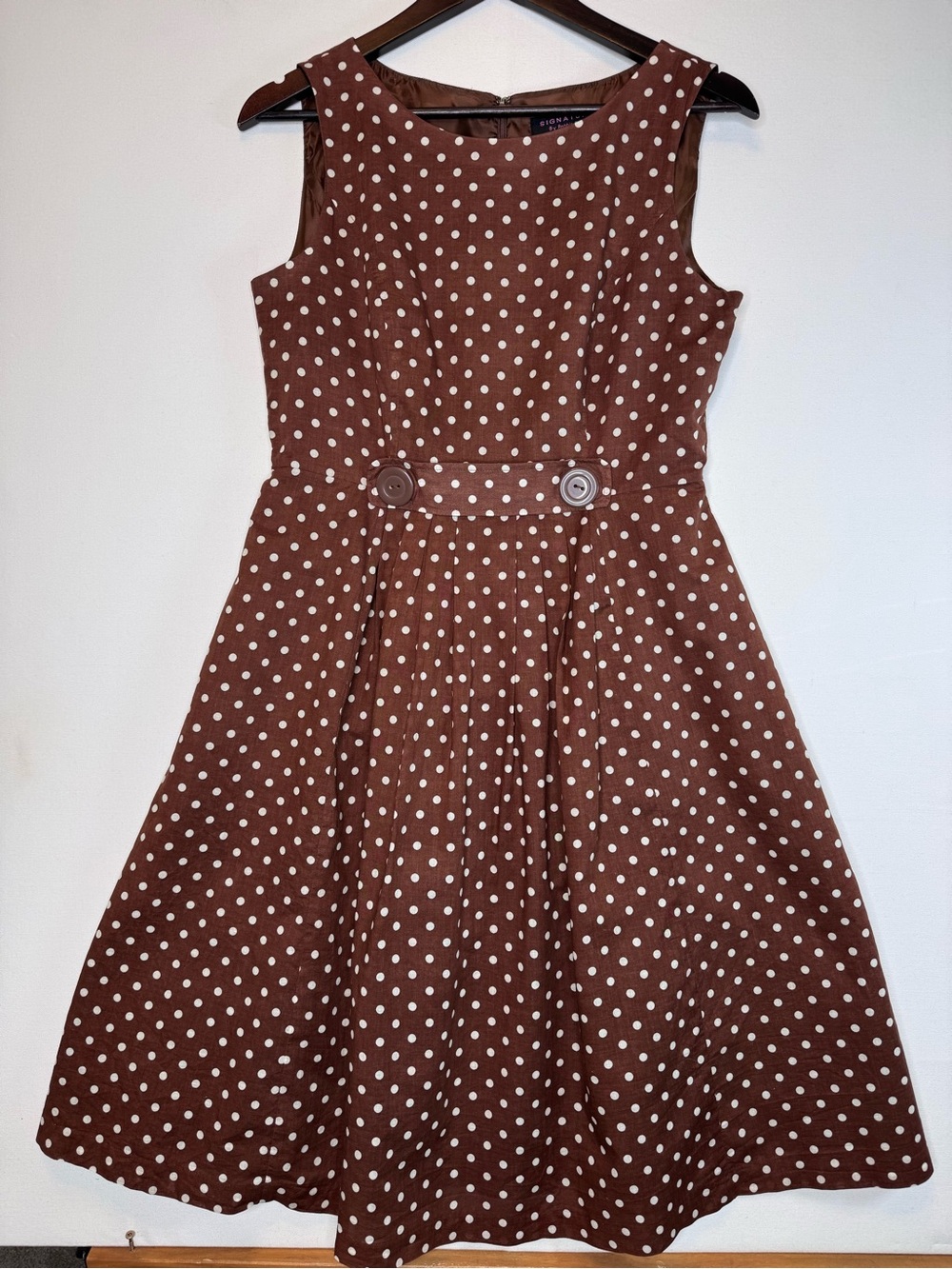 Signature by Robbie Bee Fit & Flare Brown, Cream Polka Dot Sleeveless Dress sz 8